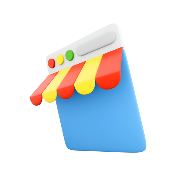 Alışveriş arabası ve tente içeren renkli bir çevrimiçi mağaza simgesi, e-ticaret ve dijital alışveriş platformlarını temsil ediyor.