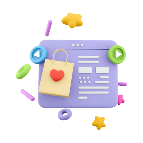 Bir alışveriş çantası ve eğlenceli elementlerle çevrimiçi bir alışveriş arayüzünün renkli bir 3D çizimi.