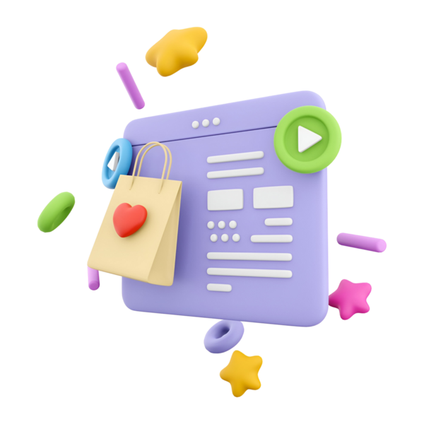 Alışveriş torbası, oyun tuşu ve dekoratif şekiller gibi etkileşimli elementlerle dolu bir web sayfasının renkli 3D çizimi.