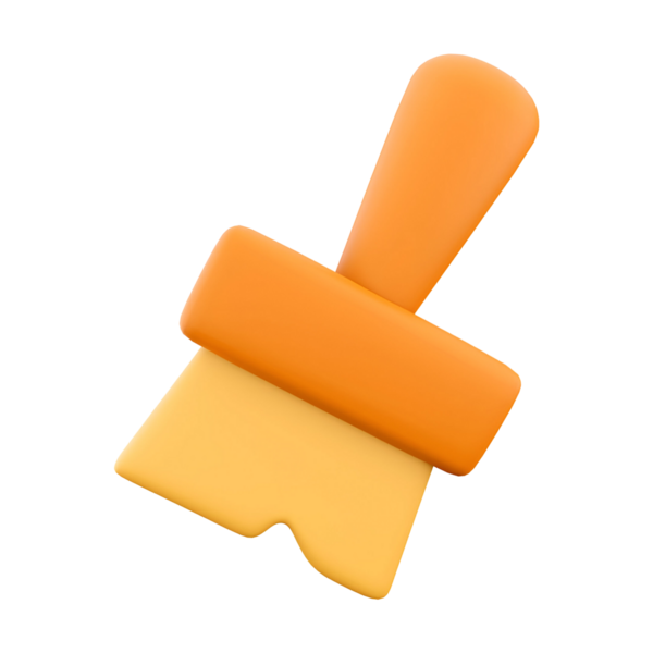 Turuncu saplı stilize bir boya fırçası ve sarı kıllı bir kafa, resim ve sanatsal uygulamalar için kullanılır..