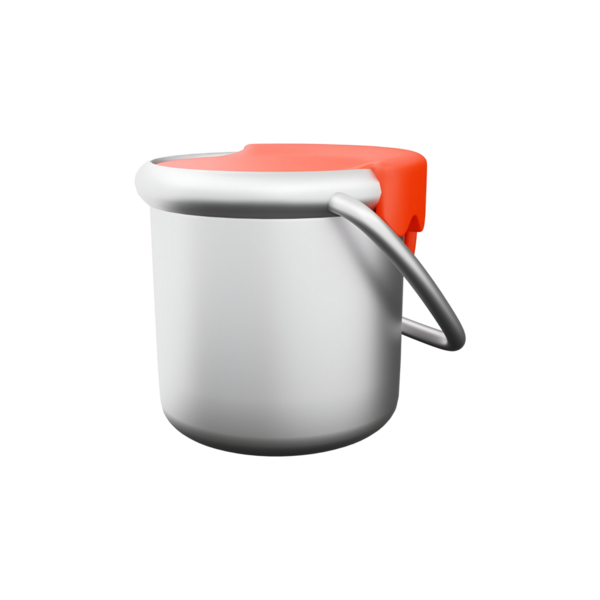 Beyaz gövdeli ve turuncu kapaklı küçük, silindirik bir kova. Depolama ve taşıma için tasarlanmış..