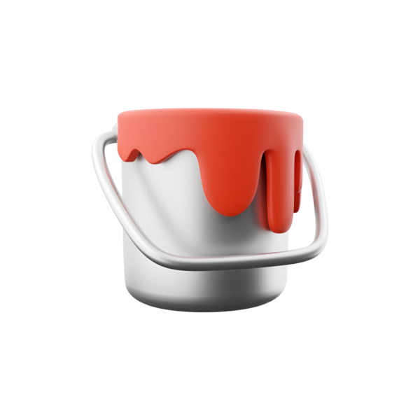 Kırmızı kapaklı ve damlayan boyalı metalik bir boya kovası. Genellikle boya ve ev dekorasyonu projelerinde kullanılır..