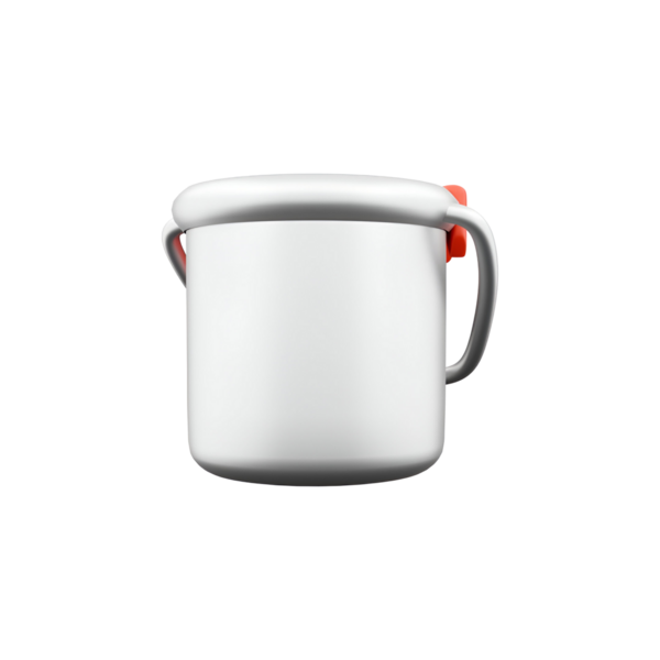 Yemek pişirmek ya da depolamak için tasarlanmış kapağı ve kırmızı saplı basit bir beyaz tencere..