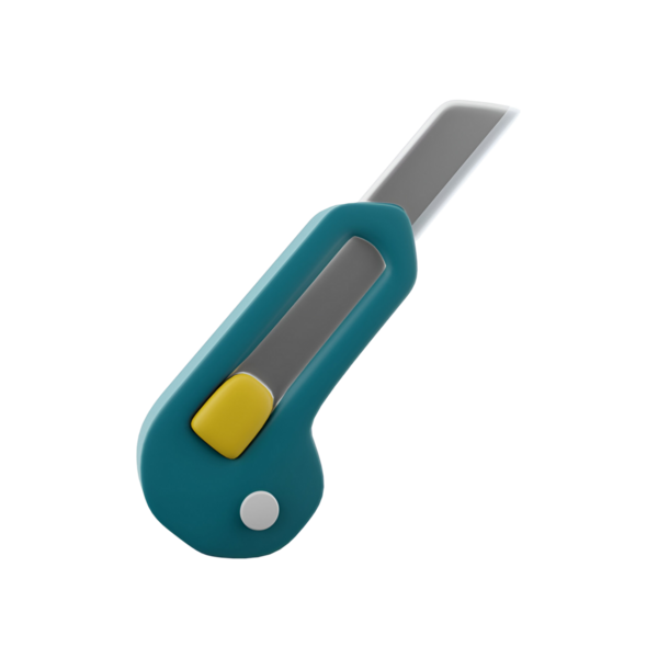 Gri bıçaklı ve sarı düğmeli bir deniz mavisi kullanım bıçağı. Malzemeleri güvenli ve etkili bir şekilde kesmek için tasarlanmış..