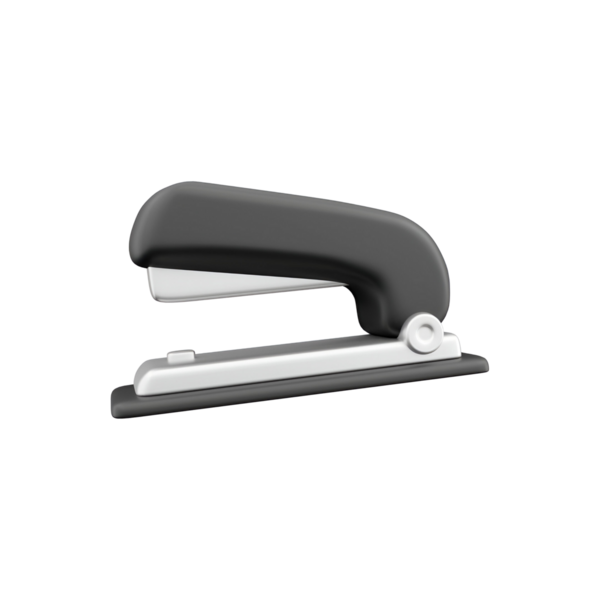 Siyah ve gümüş bir zımba, kağıtları birbirine tutturmak için kullanılır..