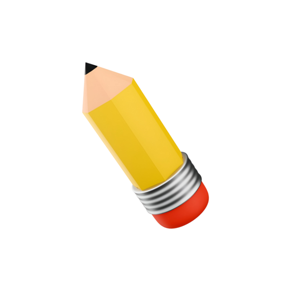 Keskinleştirilmiş ucu ve metalik tutuşu olan, yaratıcılığı ve yazmayı simgeleyen 3 boyutlu sarı bir kalem..