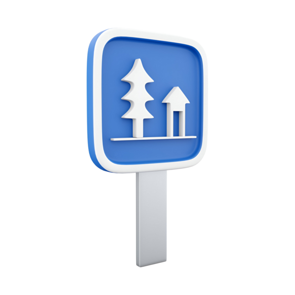 Bir ağaç ve bir ev simgesini gösteren mavi bir tabela, doğa ya da açık havayı gösteriyor..