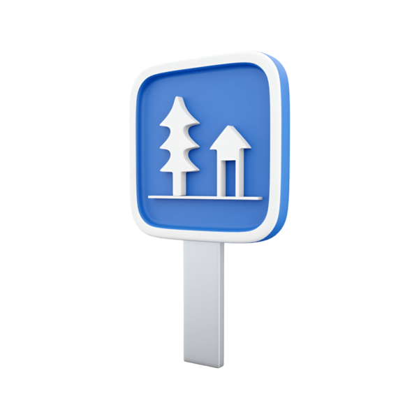Şekillendirilmiş ağaçlar ve bir ev içeren mavi bir bilgilendirme işareti, doğa ya da park alanını gösteriyor..