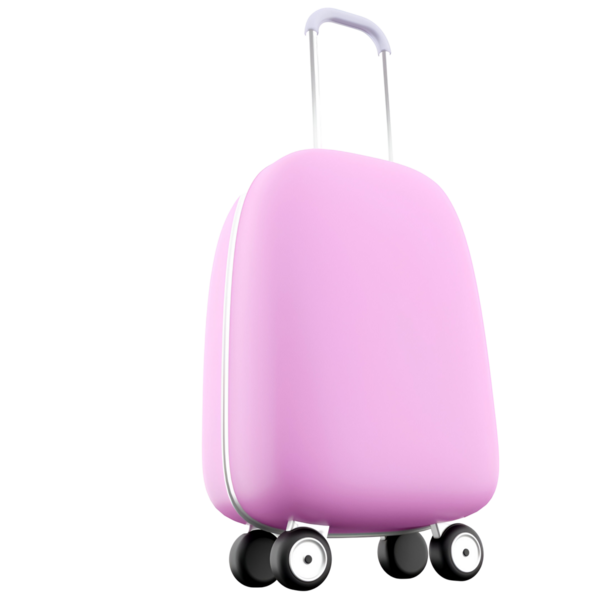 Tekerlekleri olan şık pembe bir bavul ve seyahat kolaylığı için tasarlanmış geri çekilebilir bir kol..