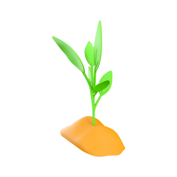 Turuncu toprak yığınından büyüyen küçük yeşil bir bitki büyümeyi ve doğayı sembolize ediyor..