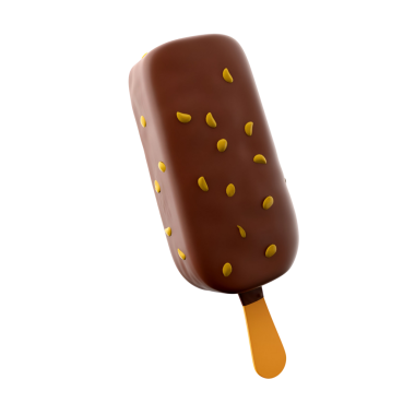 Çikolata kaplı, tahta çubuklu, küçük fındıklarla süslenmiş, ferahlatıcı bir ikram için mükemmel bir dondurma..