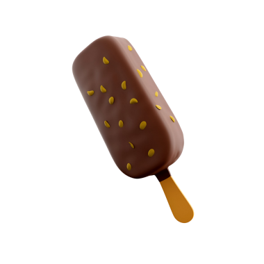 Çikolata kaplı bir dondurma, ahşap bir sopa, sarı parçacıklarla süslenmiş, ferahlatıcı bir ikram için mükemmel.