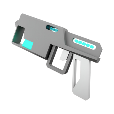 Gösterişli çizgileri ve parlak aksanları olan, muhtemelen video oyunu ya da dijital sanat için tasarlanmış gelecekçi, stilize bir silah tasarımı..