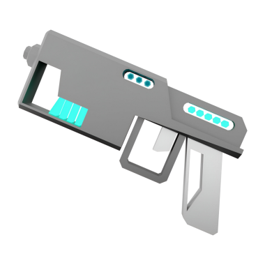 Zarif hatları ve parlak aksanları olan stilize, fütüristik bir silah tasarımı..