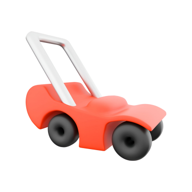 Parlak turuncu bir vücudu ve siyah tekerlekleri olan, çocuklar için tasarlanmış oyuncu, stilize edilmiş bir çim biçme makinesi..