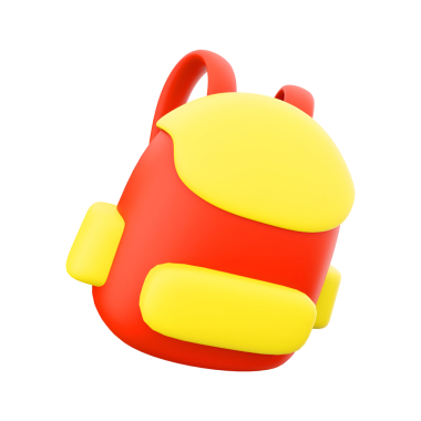 Kırmızı gövdeli ve sarı aksanlı renkli bir çizgi film tarzı sırt çantası, oyuncu ve yaratıcı amaçlar için tasarlanmış..