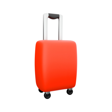 Tekerlekli parlak kırmızı bir bavul ve geri çekilebilir bir kol. Seyahat ve eşyaları taşımak için ideal..