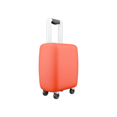 Canlı turuncu bir bavul, geri çekilebilir sapı ve tekerlekleri var. Yolculuk kolaylığı için tasarlanmış..