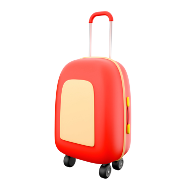 Renkli, karikatür tarzı bir bavul. Tekerlekleri ve geri çekilebilir bir kolu var. Seyahat ve eğlence için tasarlanmış..