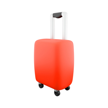 Parlak kırmızı bir bavul, parlak bir tasarım ve tekerlek, seyahat ve kişisel eşyaların taşınması için ideal..