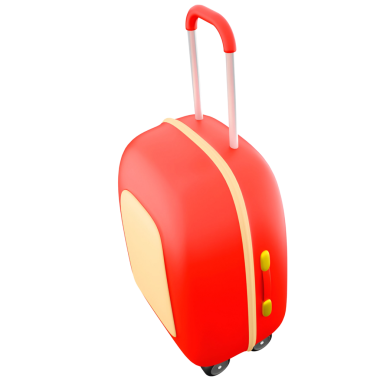 Canlı kırmızı bir bavul, sarı aksanlı, seyahat için tasarlanmış, tekerlekleri ve geri çekilebilir sapı var..