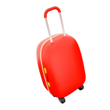 Geri çekilebilir saplı ve tekerlekleri olan parlak kırmızı bir bavul. Seyahat ve rahatlık için tasarlanmış..