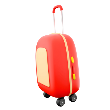 Hareketli kırmızı bir bavul. Tekerlekli ve geri çekilebilir bir kol. Yolculuk için tasarlanmış..