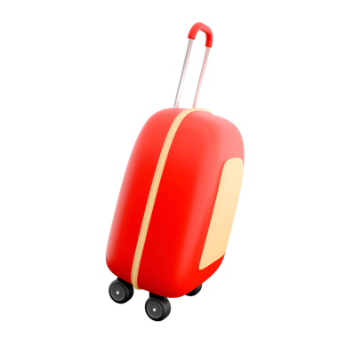 Tekerlekleri olan parlak kırmızı bir bavul ve seyahat ve rahatlık için tasarlanmış geri çekilebilir bir kol..