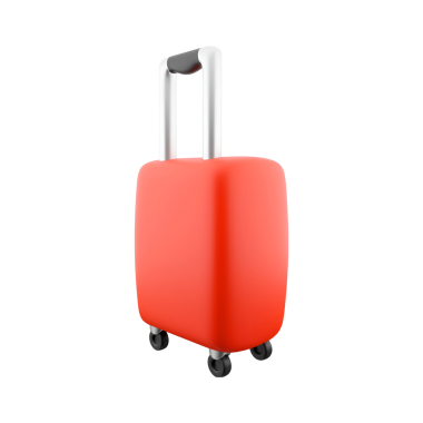 Hareketli kırmızı bir bavul, geri çekilebilir sapı ve tekerlekleri var. Seyahat ve kişisel eşyaların taşınması için ideal..