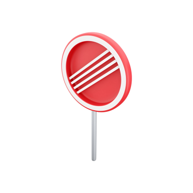 Şekillendirilmiş kırmızı ve beyaz dairesel tabela, üç yatay çizgi, lolipopu ya da dekoratif işareti andırıyor..