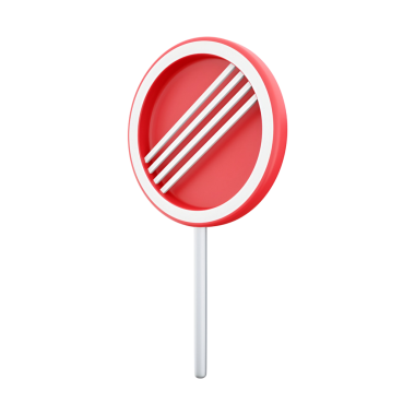 Üç beyaz çizgili kırmızı dairesel bir işaret, lolipop ya da stilize edilmiş bir ikona benziyor..