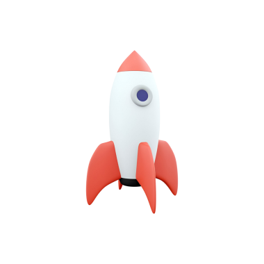 Beyaz gövdeli, kırmızı aksanlı, keşif ve teknolojiyi simgeleyen stilize edilmiş bir roket..