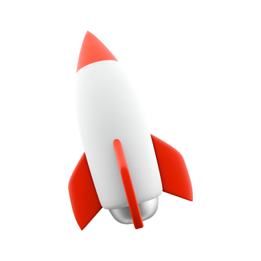Kırmızı uçlu ve yüzgeçli stilize bir roket çizimi, keşif ve yeniliği simgeliyor..