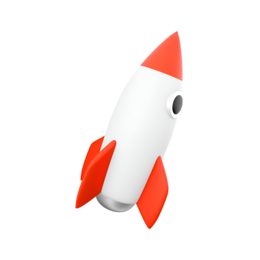 Beyaz gövdeli, kırmızı aksanlı, yenilik ve keşfi simgeleyen stilize edilmiş bir roket..