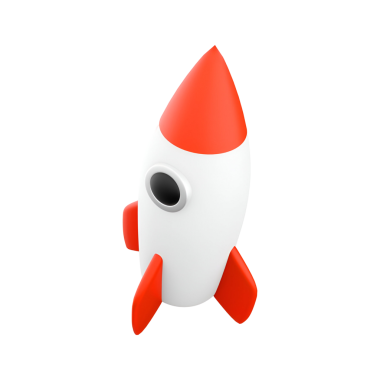 Kırmızı uçlu, beyaz gövdeli, keşif ve yeniliği simgeleyen stilize bir roket..