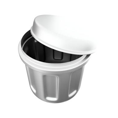 Atık öğütme için tasarlanmış, beyaz kapaklı gümüş bir çöp kutusu..