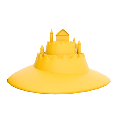 Kuleleri ve duvarları olan, plaj aktiviteleriyle ilişkili yaratıcılığı ve eğlenceyi temsil eden stilize edilmiş sarı bir kumdan kale..