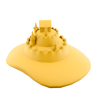 Tuhaf sarı kumdan bir kale kuleleri ve düz bir tabanı var, neşeli bir sahil yaratımına benziyor..