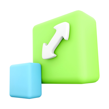 Büyümeyi gösteren bir ok ve gelişmeyi sembolize eden daha küçük bir mavi küp ile yeşil ev şeklinin üç boyutlu bir çizimi.