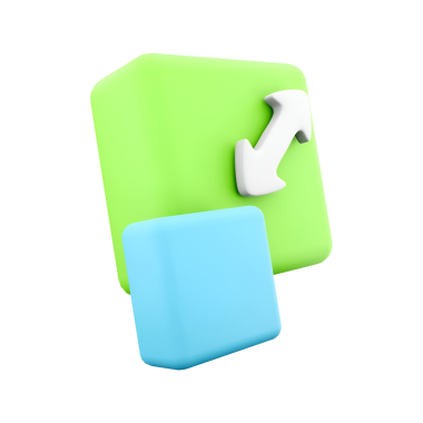 Bir ok ile yeşil ve mavi bir küp de dahil olmak üzere geometrik şekillerin üç boyutlu bir temsili, yeniden boyutlandırma veya ayarlama önerir.