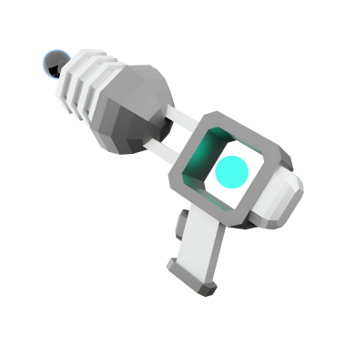 Geometrik şekilli stilize bir fütüristik silah ve bir bilim kurgu veya oyun bağlamında tasarlanmış parlayan mavi bir element..