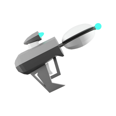 Pürüzsüz tasarımı ve parlak elementleri olan fütüristik görünümlü silah benzeri bir cihaz, muhtemelen oyun veya bilim kurgu kullanımı için..