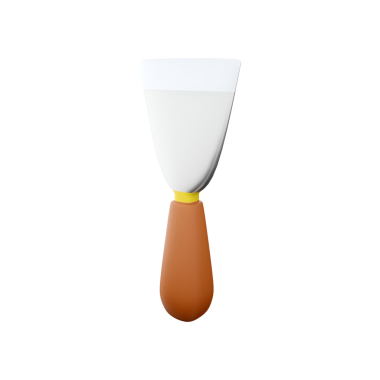 Beyaz bıçaklı ve kahverengi saplı bir spatula, krema ya da boya gibi maddeleri yaymak ya da düzleştirmek için kullanılır..