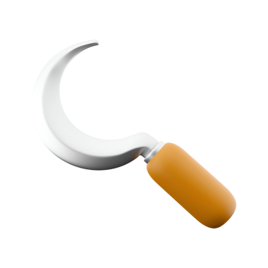 Turuncu saplı kavisli bir metal alet, muhtemelen kesim ya da hasat için kullanılıyor..