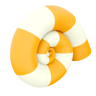 Değişik turuncu ve beyaz çizgileri olan renkli, sarmal bir kabuk tasarımı, neşeli bir plaj aksesuarına benziyor..