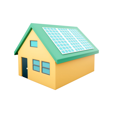 Güneş panelleri olan, çevre dostu yaşamı ve yenilenebilir enerjiyi sembolize eden 3 boyutlu bir ev..