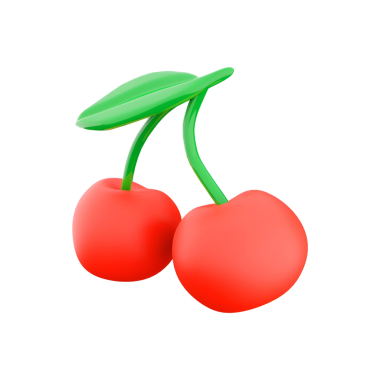 Yeşil yapraklı bir çift parlak kırmızı kiraz, tazeliği ve tatlılığı simgeliyor..