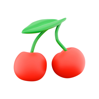 Yeşil yapraklı bir çift parlak kırmızı kiraz, tazeliği ve tatlılığı simgeliyor..