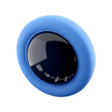Pürüzsüz, yuvarlak mavi düğmeli, parlak siyah merkezli bir nesne..