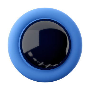 Bir düğmeye veya dekoratif ögeye benzeyen mavi dairesel kenarlıkla çevrili parlak siyah bir küre.